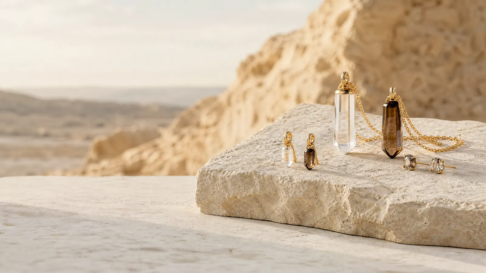 Crystal jewelry arranged on a warm stone surface