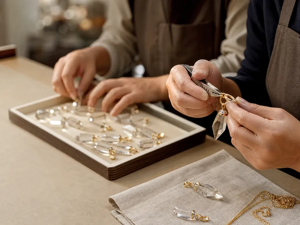 Jewelry artisans assembling a crystal pendant with precision hand tools