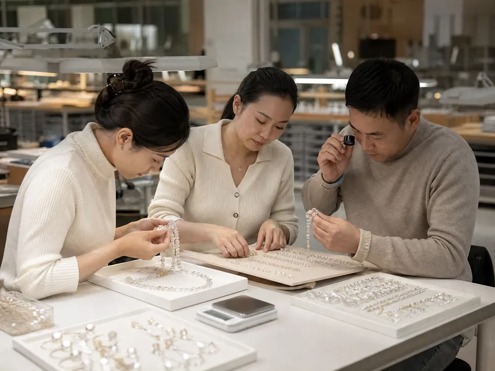 Quality-control staff inspecting finished crystal jewelry at a worktable