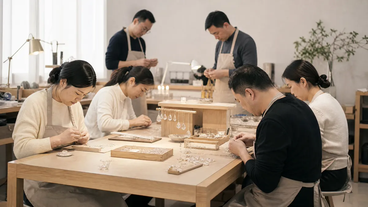 Chinese jewelry artisans collaborating at workbenches in a bright crystal jewelry workshop
